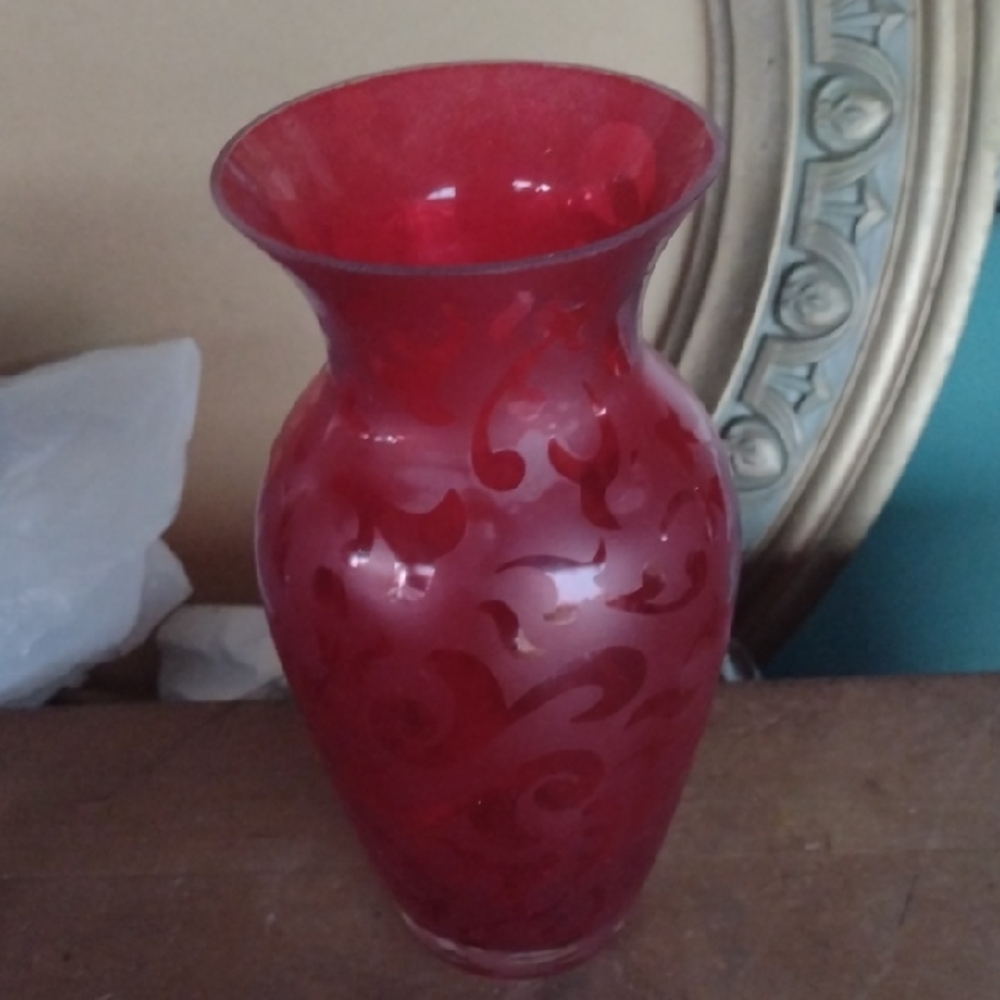 Michael Weems Medium Size Red Floral Glass Vase